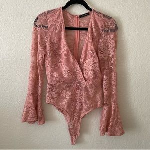 BANJUL Lacey rose pink bodysuit - plunge/deep v neck sz. large